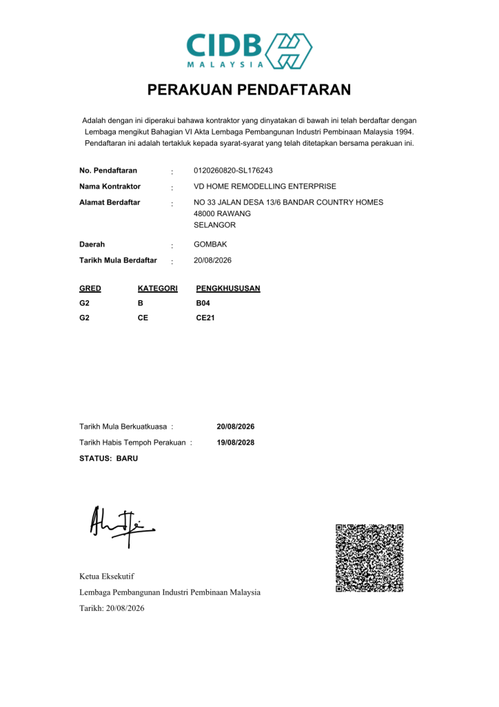 CIDB Malaysia contractor registration certificate for VD Home Remodelling Enterprise